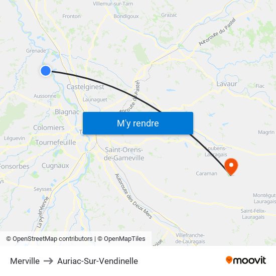 Merville to Auriac-Sur-Vendinelle map