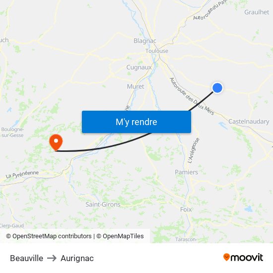 Beauville to Aurignac map