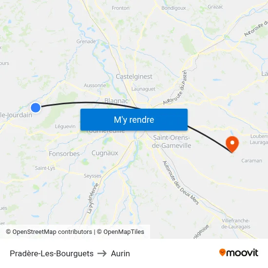 Pradère-Les-Bourguets to Aurin map