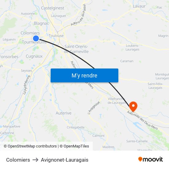 Colomiers to Avignonet-Lauragais map