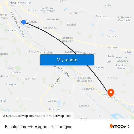 Escalquens to Avignonet-Lauragais map