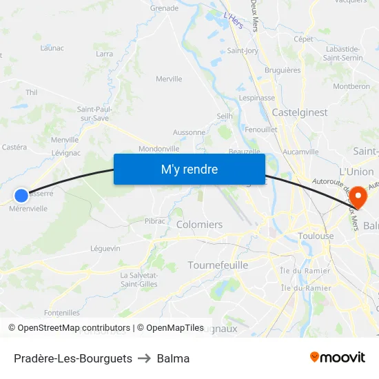 Pradère-Les-Bourguets to Balma map