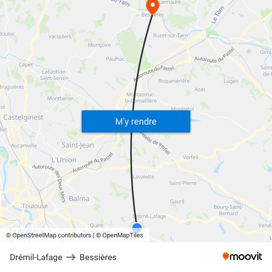 Drémil-Lafage to Bessières map