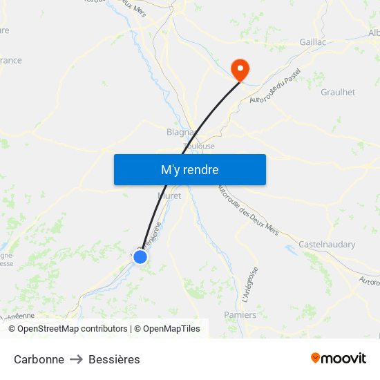 Carbonne to Bessières map
