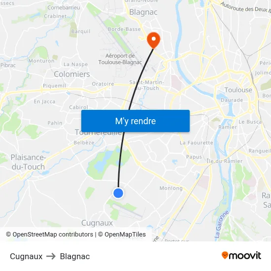 Cugnaux to Blagnac map