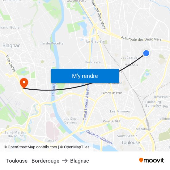 Toulouse - Borderouge to Blagnac map