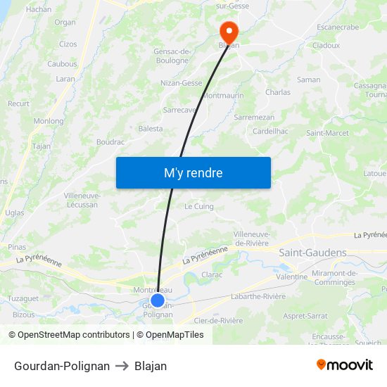 Gourdan-Polignan to Blajan map