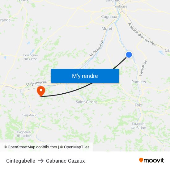 Cintegabelle to Cabanac-Cazaux map