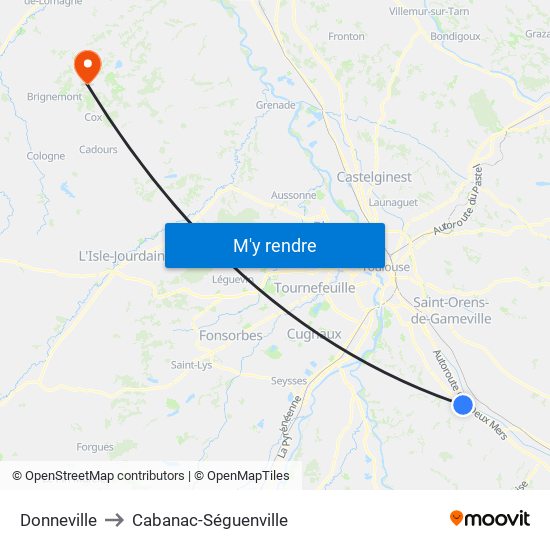 Donneville to Cabanac-Séguenville map