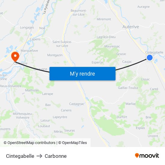 Cintegabelle to Carbonne map