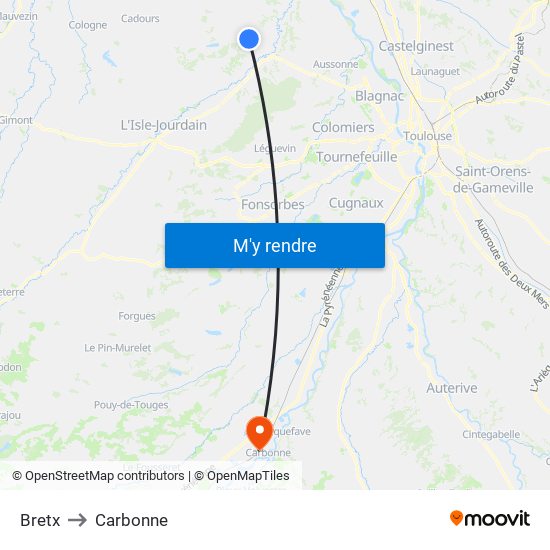 Bretx to Carbonne map