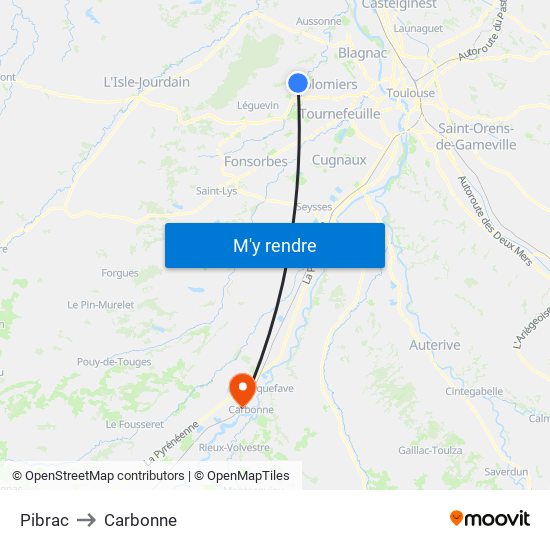 Pibrac to Carbonne map