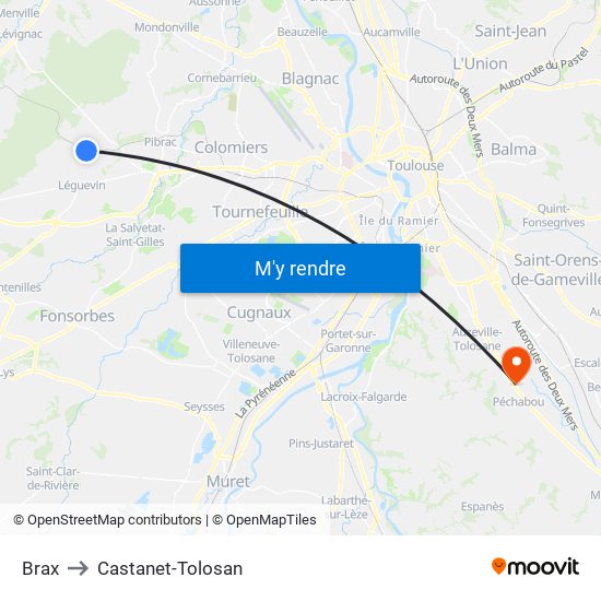 Brax to Castanet-Tolosan map