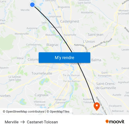 Merville to Castanet-Tolosan map