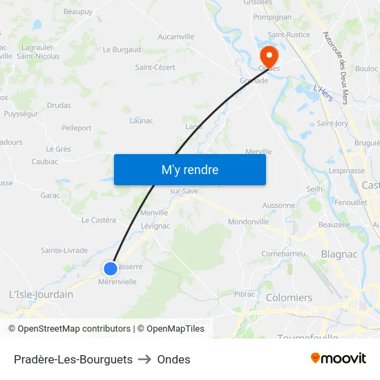Pradère-Les-Bourguets to Ondes map