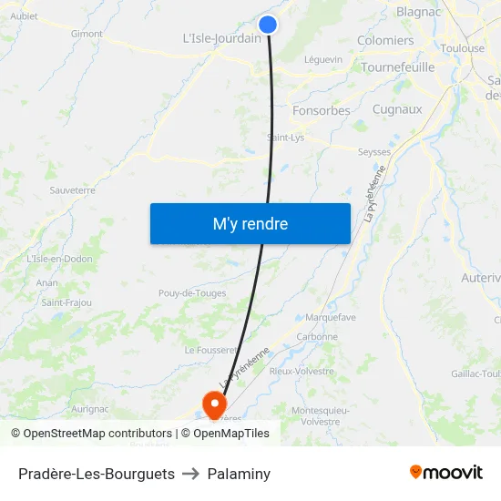 Pradère-Les-Bourguets to Palaminy map
