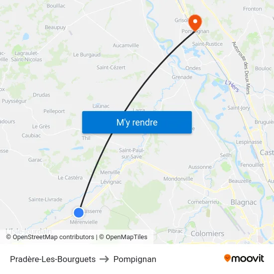 Pradère-Les-Bourguets to Pompignan map