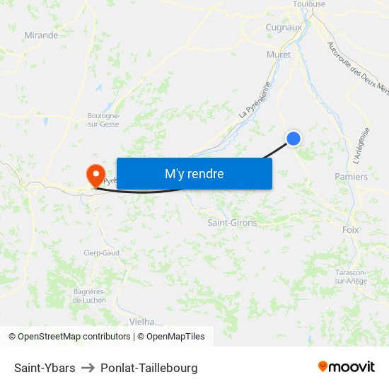 Saint-Ybars to Ponlat-Taillebourg map