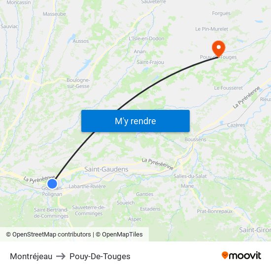 Montréjeau to Pouy-De-Touges map