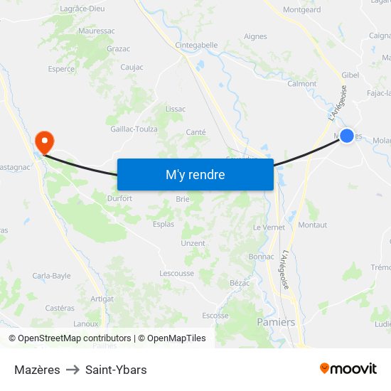 Mazères to Saint-Ybars map