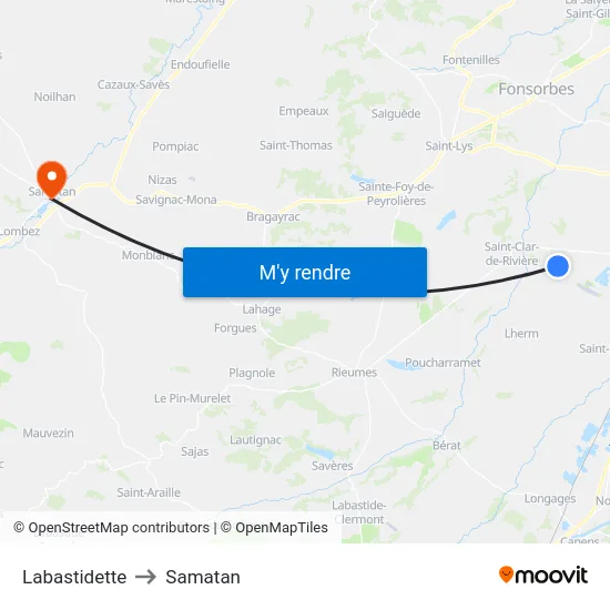Labastidette to Samatan map