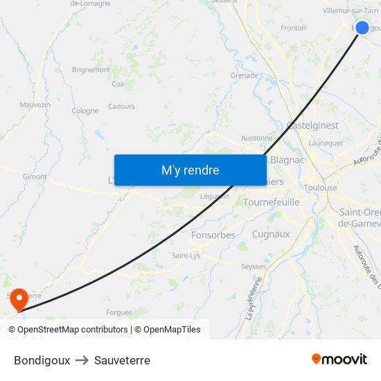 Bondigoux to Sauveterre map