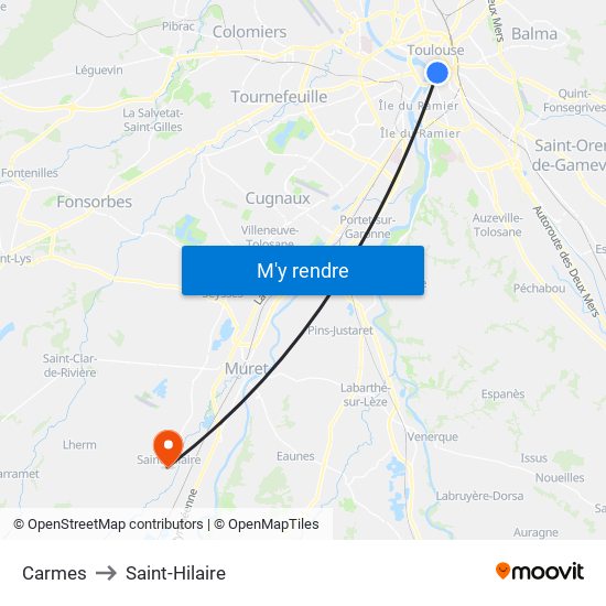 Carmes to Saint-Hilaire map