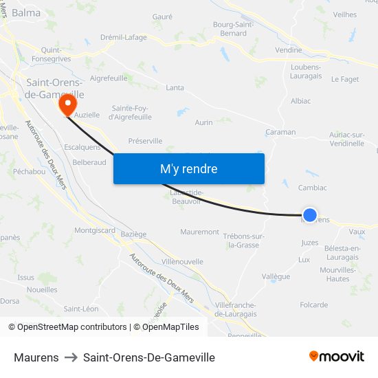 Maurens to Saint-Orens-De-Gameville map