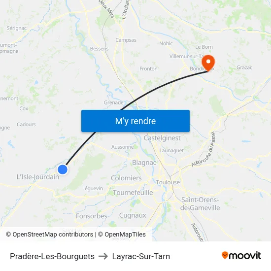 Pradère-Les-Bourguets to Layrac-Sur-Tarn map