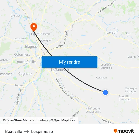 Beauville to Lespinasse map