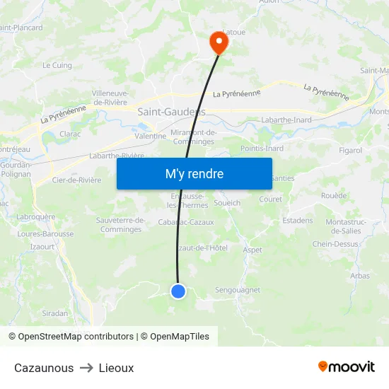 Cazaunous to Lieoux map