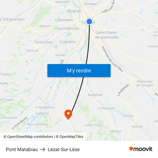 Pont Matabiau to Lézat-Sur-Lèze map