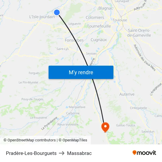 Pradère-Les-Bourguets to Massabrac map
