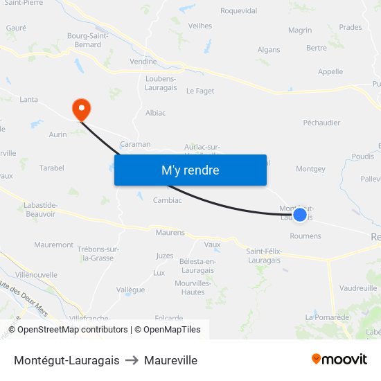 Montégut-Lauragais to Maureville map