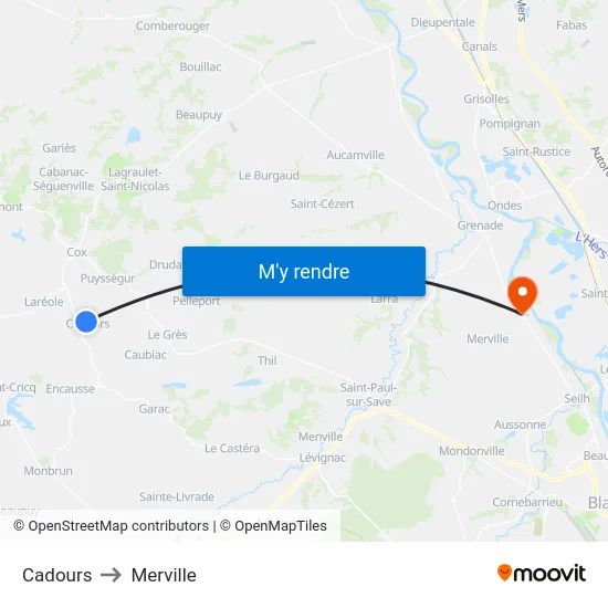 Cadours to Merville map