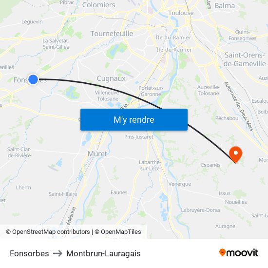 Fonsorbes to Montbrun-Lauragais map