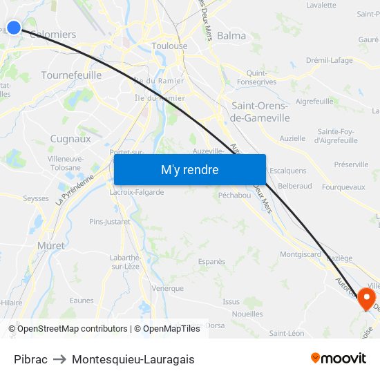 Pibrac to Montesquieu-Lauragais map