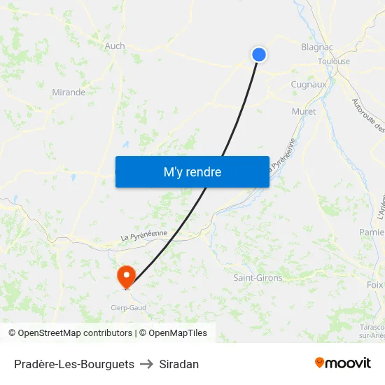Pradère-Les-Bourguets to Siradan map