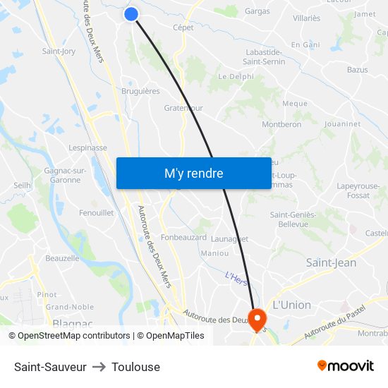 Saint-Sauveur to Toulouse map