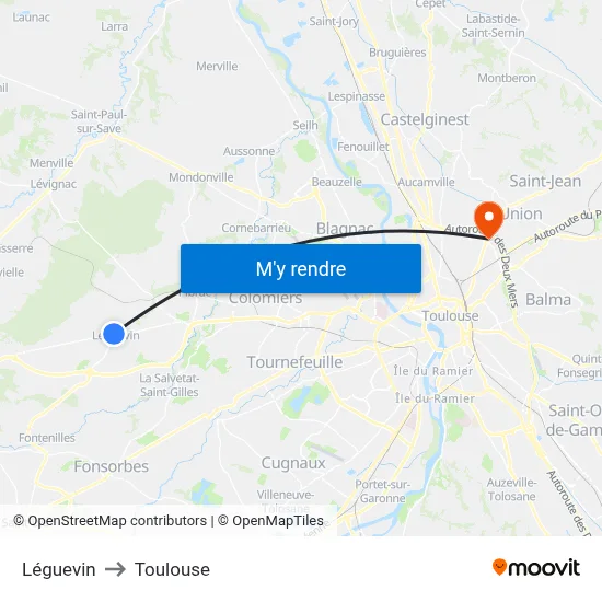 Léguevin to Toulouse map