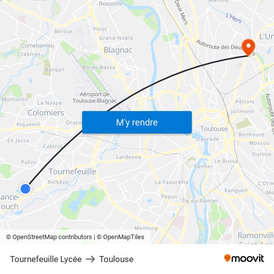 Tournefeuille Lycée to Toulouse map