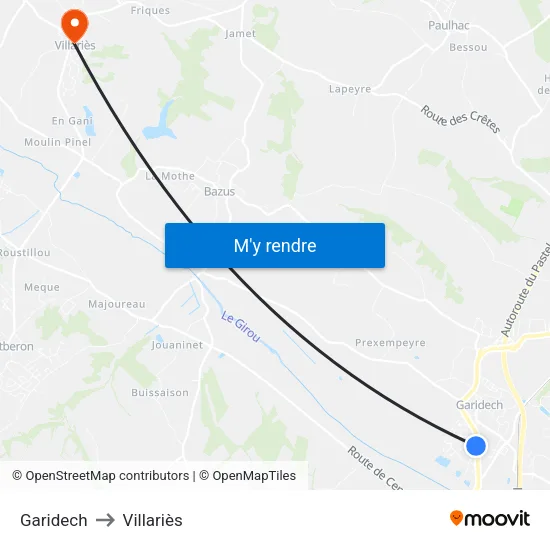 Garidech to Villariès map