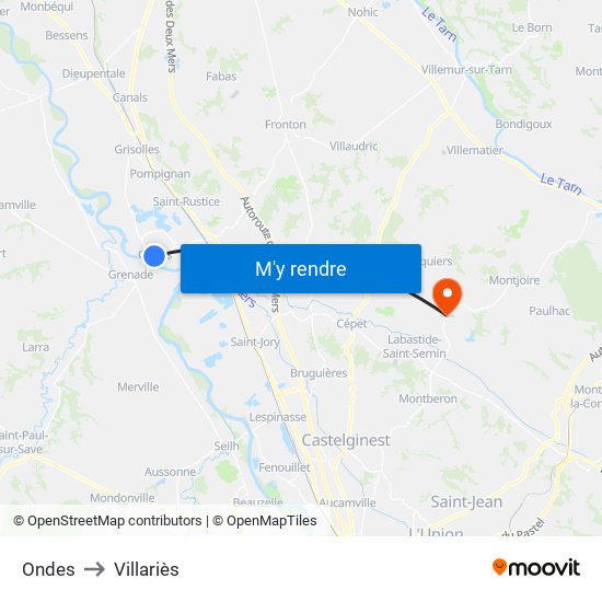 Ondes to Villariès map