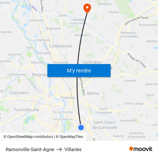 Ramonville-Saint-Agne to Villariès map