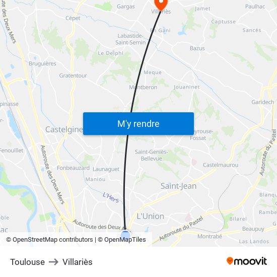 Toulouse to Villariès map