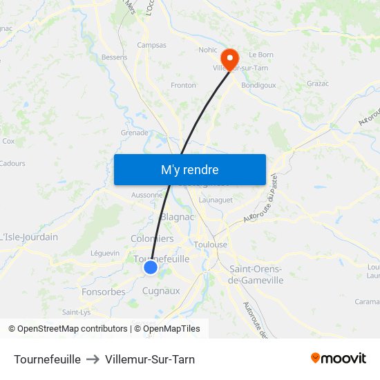 Tournefeuille to Villemur-Sur-Tarn map