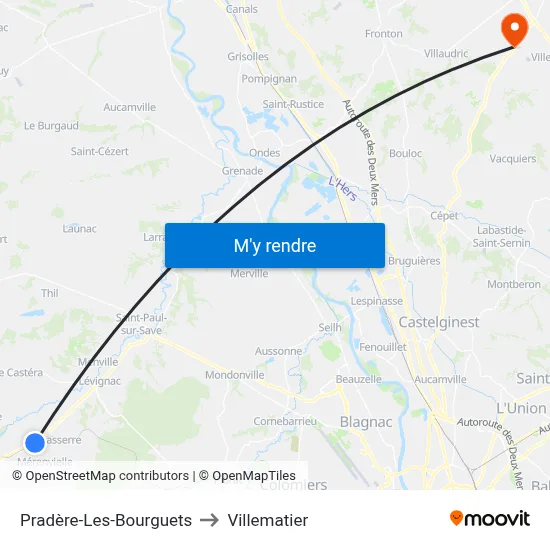 Pradère-Les-Bourguets to Villematier map