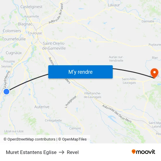 Muret Estantens Eglise to Revel map