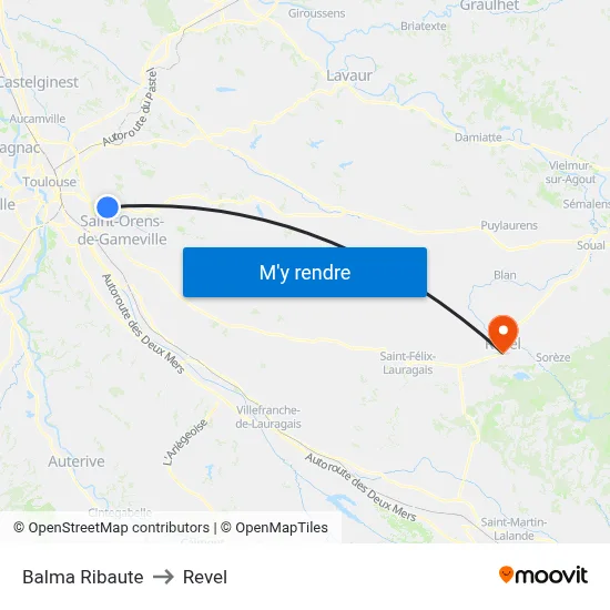 Balma Ribaute to Revel map