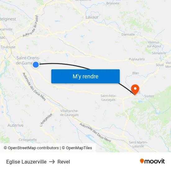 Eglise Lauzerville to Revel map